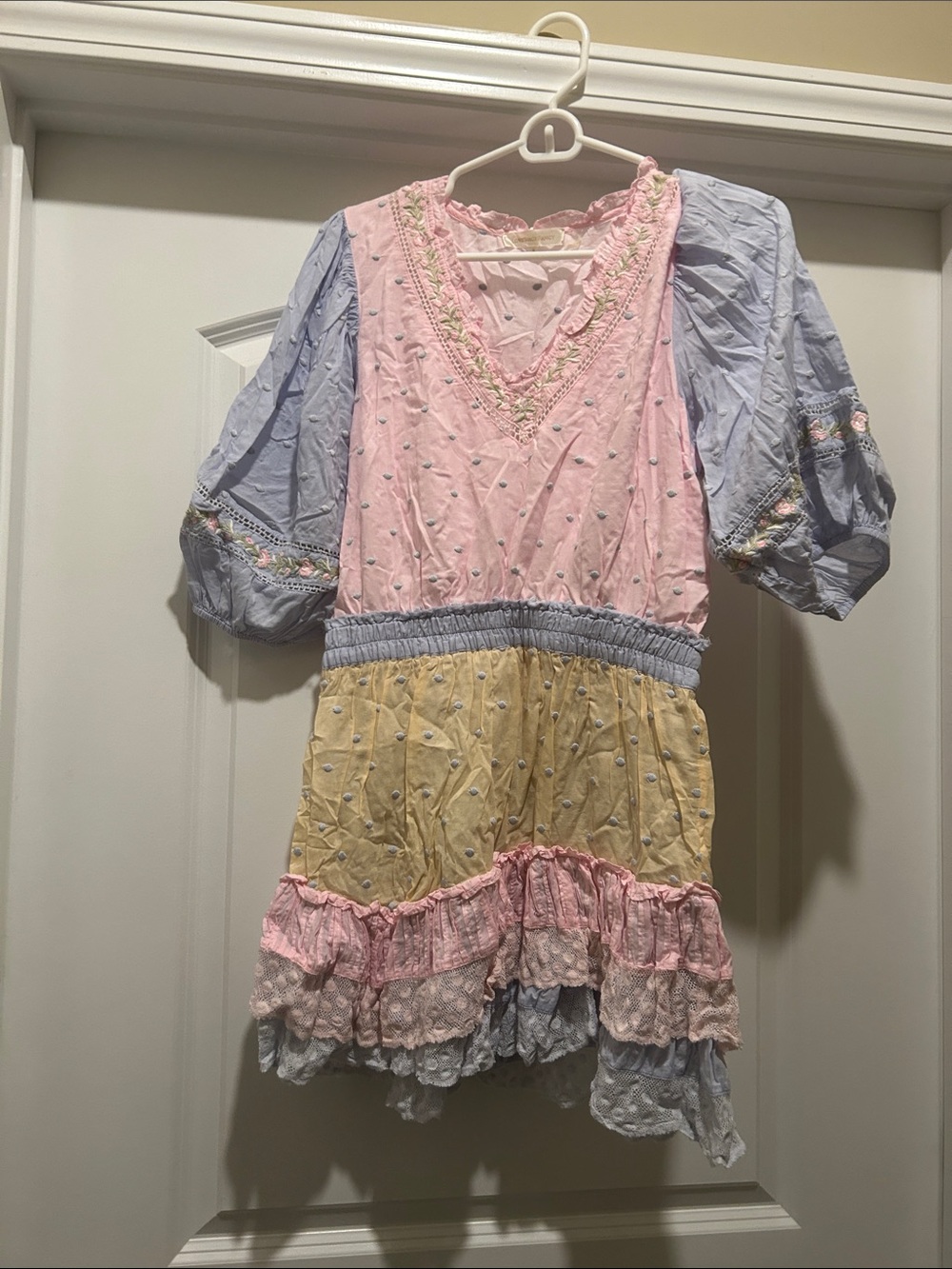 LoveShackFancy Pastel Patchwork Mini Dress in Pink, Yellow & Blue